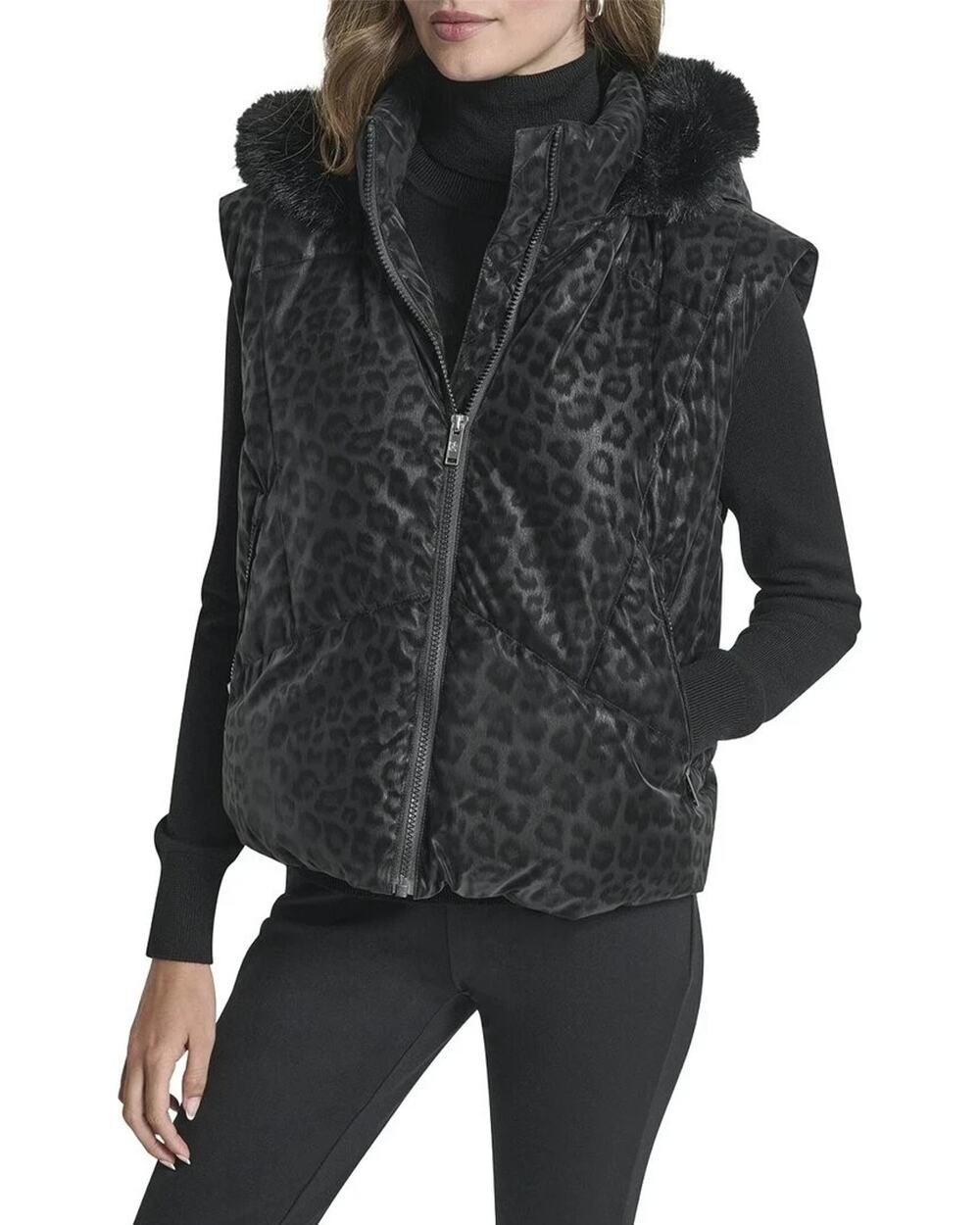 DKNY Women's Leopard Tech Vest Black Size L 3711
